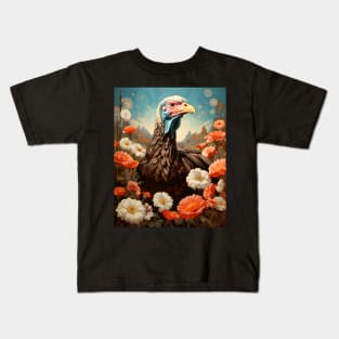 Retro Rustic Farm Turkey in the Flowers - Vintage Bird Art Kids T-Shirt